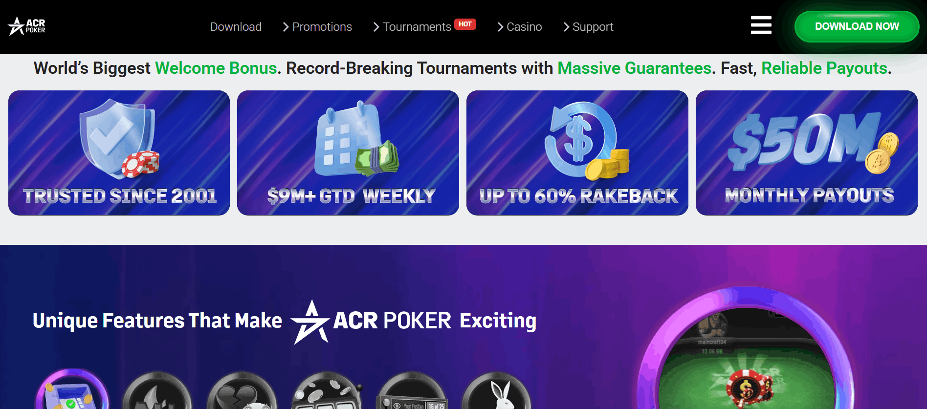 Snapshot of ACR Poker highlighting international tournaments and deep player pools